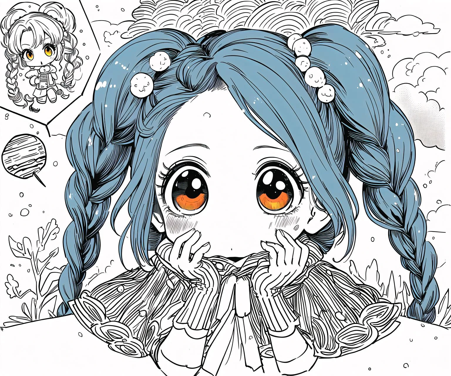 (Masterpiece, Best Quality:1.3), highres, 8k, highly detailed, (4koma:1.5), comic, illustration, chibi inset, fantasy, thick lineart, full angle view, (papercraft:1.4), (chibi:1.3), outline, ((centered)), <lora:Sugar_Rune-20:0.75>, sugar_rune, cloud hair, cloud dress, blue hair, fluffy, pearl (gemstone), polka dot, bubble, snow, 2girls, gloves, afro, looking at viewer, hair ornament, yellow eyes, winter clothes, fluffy, emphasis lines), :o, !, (striped), gradient, film grain, silhouette, checkered, speech bubble, graphite \(medium\), red eyes, (low twinbraids:1.4), half updo, ((hyperrealistic)), fantastic composition, expressive