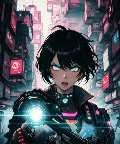 (masterpiece, best quality:1.4), 8k, (science fiction), dynamic, (dramatic lighting), graphite \(medium\), watercolor \(medium\), outline, [red aura], retro artstyle, (2d:1.3), fantasy, ink art, upper body, [[close-up]], samurai, [manly:0.6],  powerful, serious,( glaring), open mouth, furrowed brows, (looking at viewer),  floating hair, short hair, black hair, [glowing:0.35], (detailed eyes, perfect face:1.2), handsome, (deep depth of field:1.3), sharp focus, [motion blur:0.9], holding 74viper gun, aiming at viewer, foreshortening, POV, atmospheric, electricity, lightning, [flash], [lens flare:0.5]. misty, (shiny:1.2), fantastic landscape, extremely detailed, (high fantasy), (volumetric lighting, (uhdr, high contrast), highly detailed, (cyberpunk:1.3), energy
