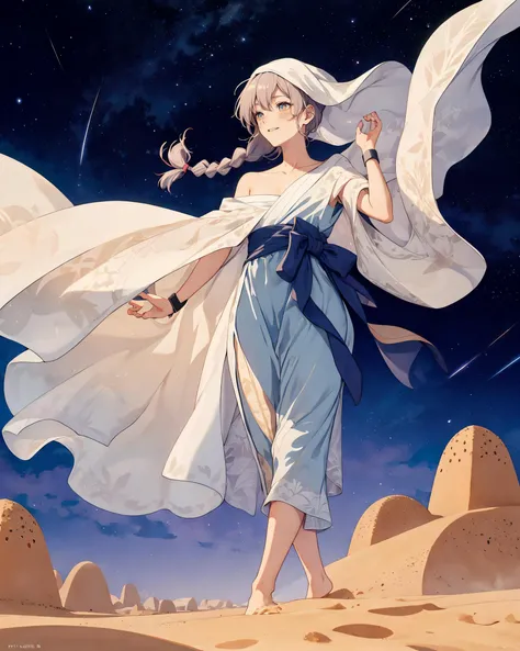 vivid, (Masterpiece, Best Quality:1.3), absurdres, (8k resolution wallpaper), (traditional media:1.2), (thick outline:1.2), (soft (lineart)), black outline, fantasy, cinematic, from below, solo, 1boy, jewelry, (shiny:1.1), bracelet, veil, (headband:1.3), ((braid, hair tie, long hair)), parted lips, looking down, arms up, smile, ((upper body)), sash, blush, wristband, (collarbone), day, midday, sunrays, ((ultra-detailed)), cowboy shot, (desert, sand:1.4), mountain, ancient city in distance, misty, fantasy art, (detailed face, detailed eyes:1.2), focus face, (full body), (details:1.2), (full body:1.1), highly detailed, intricate, (depth of field), (volumetric lighting, soft lighting:1.2), (sharp focus), shadow, (floating particles), bloom:0.5, high quality, starry (sky), outdoors, colorful, (anime screen:0.7), film grain:0.4, fuji 85mm, blurry background