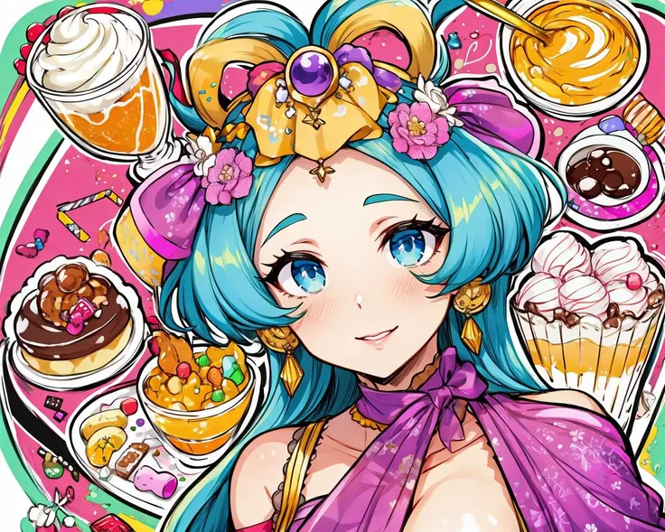 (Masterpiece, Best Quality), highres, Manga, (2d), (Traditional Media:1.2), official art 1woman, (solo), dynamic, portrait, retro artstyle, a cartoon character on a colorful background sitting on a delicious drizzling cake, art by ro_g_(oowack), wide shot, (mature female:1.2), fire emblem heroes, [outline], (upper body:1.2), Rajah hair, Patriarch eyes, (detailed deep eyes), tsurime, (lips, nose, long face:1.2), aged up, elegant, curvy, medium breasts, medium-length messy hair, (long sidelocks), fringe trim, expressive, Ayami Kojima, light smile, flirting, translucent skirt, appliques, candy trim, bubblegum, blush, surprised, treats, chocolate bar, high detail illustration, lineart, space art, pool of honey and syrup, [confetti], ice cream, candy_hair_ornament , wrapped candy, sweet, fluffy capelet, frills, cute fantasy, shiny, cinematic lighting:1.1, scenery, (glaze), bare shoulders, high heel boots, lace trim, contrast, extremely detailed, intricate, (Details:1.2), Clothing style,  Clothing print, (alternate costume:1.1), full body, (transparent background:1.2), floating particles, pop art, art deco