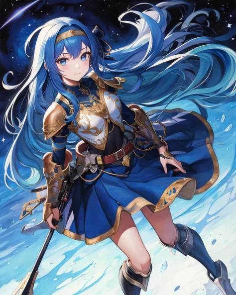 (Masterpiece, Best Quality), highres, (8k resolution), illustration, official art, (Traditional Media:1.2), ((2d)), Manga, (Ultra-detailed), 1girl, solo, upper body, beautiful, blue hair, very long hair, headband, armor, skirt, floating hair, space, depth of field, cinematic lighting, bloom:0.3, depth of field, full body,