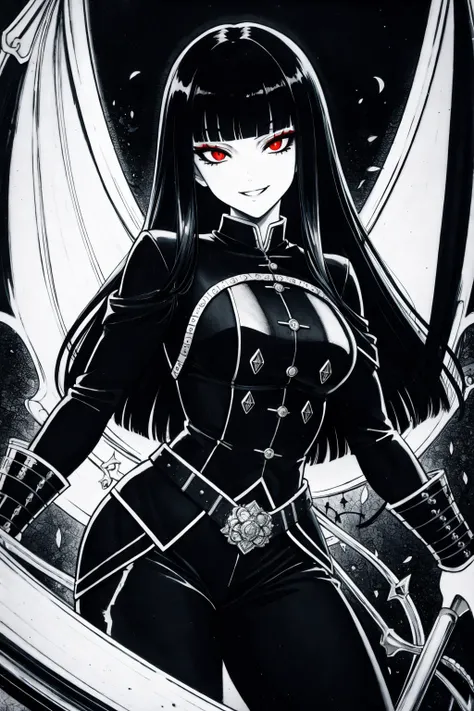 (Masterpiece, Best Quality:1.3), absurdres, (8k resolution), illustration, ((outline, thick lineart)), (faux traditional media:1.3), looking at viewer, nightmare queen, bat wings, black and red, dark theme, (standing), serious, tsurime, (mature female:1.2), adult, fighting stance, balancing, claws, metallic skin, (black sclera:1.2), ((evil smile)), (villain:1.2), (solo), (backlighting), (detailed face, detailed eyes:1.2), fashion, stylish, pitch black hair, (very long hair), reflection, long sidelocks, ((blunt bangs)), red eyes, (shiny), ((cowboy shot)), (details:1.2), (depth of field), (beautiful face), high quality, [ayami kojima:0.3], (extremely detailed), fantastic composition, (highly detailed), psychedelic, graphite \(medium\), black background