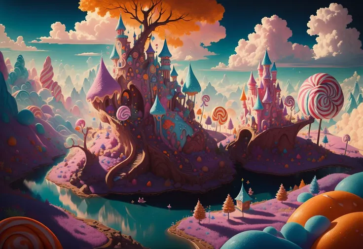 (masterpiece:1.2, best quality:1.2), highly and intricate detailed, 8k, HDR, DLSS, raytracing, clean picture, smooth picture, absurdres, high details, detailed and intricate, intricate details, high intricate details, absurd amount of details, illustration:1.3, vivid colors, multicolored theme, fantastical Realm made entirely out of candy, ((hyper-detailed scenery)), candyland, full background <lora:Candyland:1>, ((a land of dreams))
((multiple kingdoms, castles, numerous villages, rock candy mountains, vast rivers of orange soda, clouds made out of cotton candy)), Food focus, glittery and shimmering magic through the land