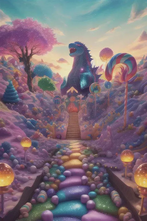 Godzilla made of candy destroying candyland(Masterpiece, best quality:1.3), highly detailed, 8k, <lora:Candyland-10:0.85>, full background, candyland, ice cream, fantasy, rainbow, road, water, balloon, no humans, sharp focus, (depth of field), colorful, (scenery), tree, sky, ((shiny:1.2)), shadow, natural lighting, sparkle, [shimmer:0.2], cake, candy, dynamic view, fantastic, (details:1.2), extremely detailed background, atmosphere, bloom:0.4,  pastel colors, stairs, <lora:epiNoiseoffset_v2:0.15>, cinematic