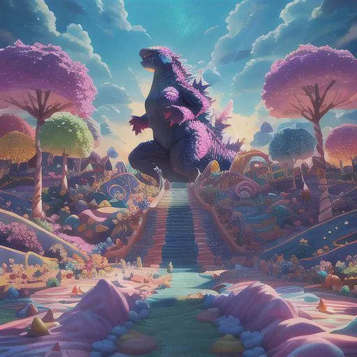 Godzilla made of candy destroying candyland(Masterpiece, best quality:1.3), highly detailed, 8k, <lora:Candyland-10:0.85>, full background, candyland, ice cream, fantasy, rainbow, road, water, balloon, no humans, sharp focus, (depth of field), colorful, (scenery), tree, sky, ((shiny:1.2)), shadow, natural lighting, sparkle, [shimmer:0.2], cake, candy, dynamic view, fantastic, (details:1.2), extremely detailed background, atmosphere, bloom:0.4,  pastel colors, stairs, <lora:epiNoiseoffset_v2:0.15>, cinematic