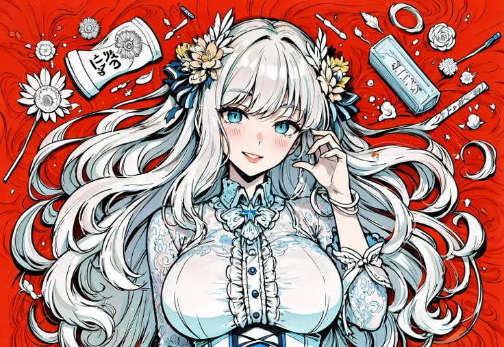 (Masterpiece, Best Quality), highres, Manga, (2d), (Traditional Media:1.2), (official art), 1woman, (solo), dynamic, portrait, retro artstyle, a cartoon character on a colorful background on a delicious drizzling cake, art by ro_g_(oowack), wide shot, (mature female:1.2), pastel, tropical, [outline], (upper body:1.2), Vermilion hair, Gainsboro eyes, (detailed deep eyes), half-closed eyes, (tsurime), (lips, nose, long face:1.2), (aged up:1.2), (milf), elegant, curvy, [tall female], very long hair, (sidelocks:1.3), fringe trim, alternate hairstyle, expressive, (star print:1.2), pose, (Ayami Kojima), light smile, flirting, translucent skirt, appliques, candy trim, bubblegum, blush, surprised, treats, chocolate bar, high detail illustration, lineart, space art, magnificent, perfect composition, jelly, wrapped candy, sweet, gelatin, [caustics], (Midi dress), large breasts, adapted costume, frills, fantasy, shiny, cinematic lighting:1.1, scenery, (glaze), high heel boots, lace trim, contrast, extremely detailed, intricate, (Details:1.2), Clothing style, Clothing print, (mid shot, full body), floating particles, art deco, <lora:剪纸:0.5>