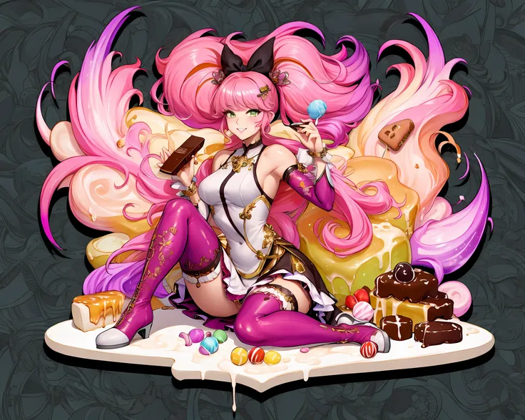 (Masterpiece, Best Quality), highres, Manga, (2d), (Traditional Media:1.2), official art 1woman, (solo), dynamic, portrait, retro artstyle, a cartoon character on a colorful background sitting on a delicious drizzling cake, art by ro_g_(oowack), wide shot, (mature female:1.2), fire emblem heroes, [outline], (upper body:1.2), Pale pink hair, Fern green eyes, (detailed deep eyes), , half-closed eyes, (tsurime), (lips, nose, long face:1.2), (aged up:1.2), elegant, curvy, [tall female], medium breasts, very long hair, (long sidelocks), fringe trim, sitting, alternate hairstyle, expressive, Ayami Kojima, light smile, flirting, translucent skirt, appliques, candy trim, bubblegum, blush, surprised, treats, chocolate bar, high detail illustration, lineart, space art, pool of honey and syrup, [confetti], ice cream, candy_hair_ornament , wrapped candy, sweet, gelatin, bow, hair clip, v-line (Midi dress), adapted costume, frills, cute fantasy, shiny, cinematic lighting:1.1, scenery, (glaze), high heel boots, lace trim, contrast, extremely detailed, intricate, (Details:1.2), Clothing style,  Clothing print, (alternate costume:1.1), (full body), (transparent background:1.2), floating particles, pop art, art deco,  <lora:stylized3DModelLora_v10:0.5>
