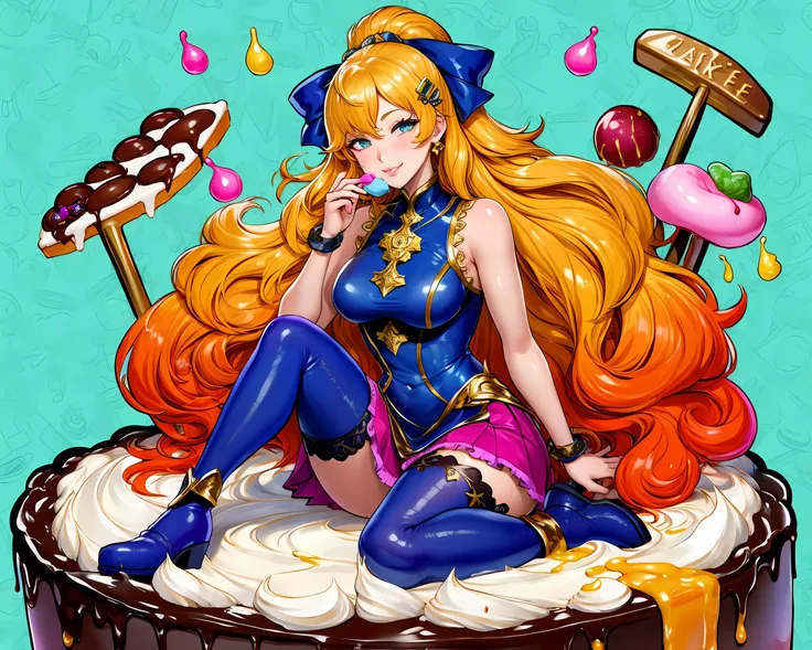 (Masterpiece, Best Quality), highres, Manga, (2d), (Traditional Media:1.2), official art 1woman, (solo), dynamic, portrait, retro artstyle, a cartoon character on a colorful background sitting on a delicious drizzling cake, art by ro_g_(oowack), wide shot, (mature female:1.2), fire emblem heroes, [outline], (upper body:1.2), Puce hair, Erin eyes, (detailed deep eyes), , half-closed eyes, (tsurime), (lips, nose, long face:1.2), (aged up:1.2), elegant, curvy, [tall female], medium breasts, very long hair, (long sidelocks), fringe trim, sitting, alternate hairstyle, expressive, Ayami Kojima, light smile, flirting, translucent skirt, appliques, candy trim, bubblegum, blush, surprised, treats, chocolate bar, high detail illustration, lineart, space art, pool of honey and syrup, [confetti], ice cream, candy_hair_ornament , wrapped candy, sweet, gelatin, bow, hair clip, v-line (Midi dress), adapted costume, frills, cute fantasy, shiny, cinematic lighting:1.1, scenery, (glaze), high heel boots, lace trim, contrast, extremely detailed, intricate, (Details:1.2), Clothing style,  Clothing print, (alternate costume:1.1), (full body), (transparent background:1.2), floating particles, pop art, art deco,  <lora:stylized3DModelLora_v10:0.5>