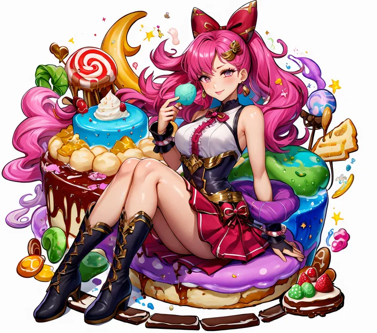 (Masterpiece, Best Quality), highres, Manga, (2d), (Traditional Media:1.2), official art 1woman, (solo), dynamic, portrait, retro artstyle, a cartoon character on a colorful background sitting on a delicious drizzling cake, (on a base), art by ro_g_(oowack), wide shot, (mature female:1.2), fire emblem heroes, [outline], (upper body:1.2), Raspberry rose hair, Spanish pink eyes, (detailed deep eyes), , half-closed eyes, (tsurime), (lips, nose, long face:1.2), (aged up:1.2), elegant, curvy, [tall female], medium breasts, very long hair, (long sidelocks), fringe trim, sitting, alternate hairstyle, expressive, Ayami Kojima, light smile, flirting, translucent skirt, appliques, candy trim, bubblegum, blush, surprised, treats, chocolate bar, high detail illustration, lineart, space art, pool of honey and syrup, [confetti], ice cream, candy_hair_ornament , wrapped candy, sweet, gelatin, bow, hair clip, v-line (Midi dress), adapted costume, frills, cute fantasy, shiny, cinematic lighting:1.1, scenery, (glaze), high heel boots, lace trim, contrast, extremely detailed, intricate, (Details:1.2), Clothing style,  Clothing print, (alternate costume:1.1), (full body), (transparent background:1.2), floating particles, pop art, art deco,  <lora:stylized3DModelLora_v10:0.5>