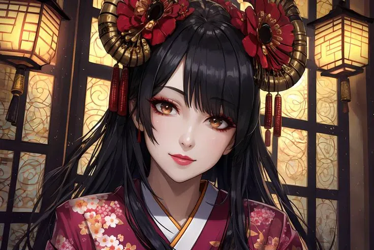 (Masterpiece, Best Quality:1.3), highres, (8k resolution wallpaper), official art, (ultra-detailed portrait), oiran, volumetric lighting, (upper body, full body:1.2), beautiful, 1girl, solo, looking at viewer, (detailed face, detailed eyes:1.2), very long hair, black hair, smile, makeup, lipstick, beautiful, sitting, (dynamic angle, dynamic posture), shiny, colorful, kanzashi, japanese clothes, kimono, floral print, (Details:1.2), focus face, flower, stylish, breasts floral print,soft glow:0.2, intricate, architecture, extremely detailed background, fuji 85mm, (depth of field), shadow, light particles