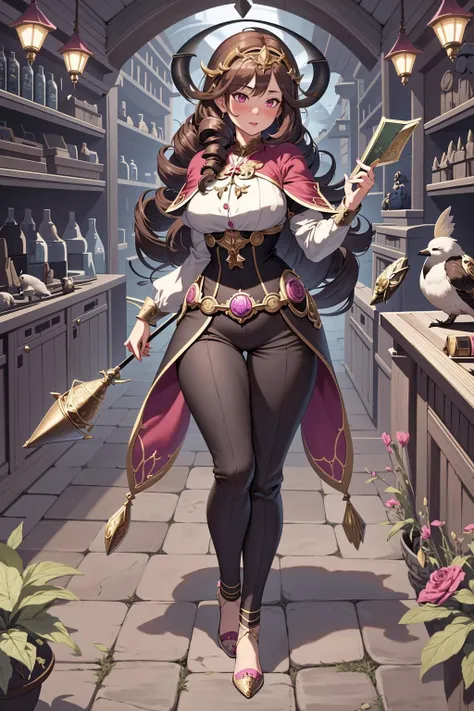 (masterpiece), (best_quality), (ultra-detailed), (illustration), (welcoming), 1girl, (wind boreal cleric:1.3), (in a  menagerie:1.3), (full body:1.4), brown hair, drill hair, magenta lipstick, (blush:1.3), , indigo eyes, pose, [:skimpy costume design:0.2], , wide hips, narrow waist, perfect hourglass figure,, (silk trousers:1.2), , official art, vivid color, finely detailed, hyper detailed, 8k, high resolution illustration, absurdres, intricate detail