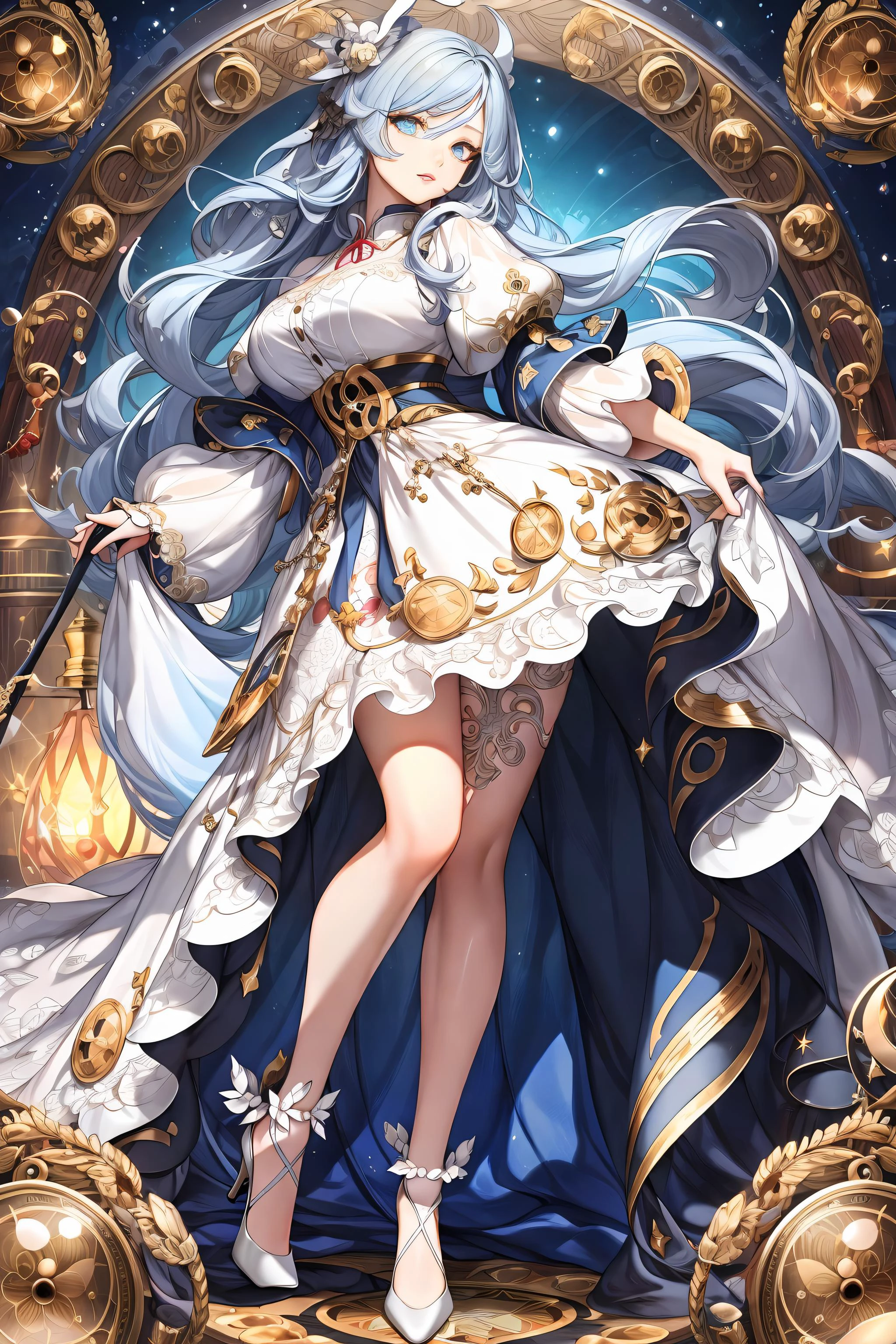 <lora:Skirt_TailV2:0.75>, (Masterpiece, Best Quality:1.2), absurdres, (Traditional Media:1.2), (2d:1.2), (centered:1.3), illustration, skirt_tail, highly detailed, (ultra-detailed), mid shot, (full body:1.3), standing, high heels, (solo), beautiful, (detailed eyes, detailed face:1.2), beautiful, lips, shiny, dynamic pose, various colors, depth of field