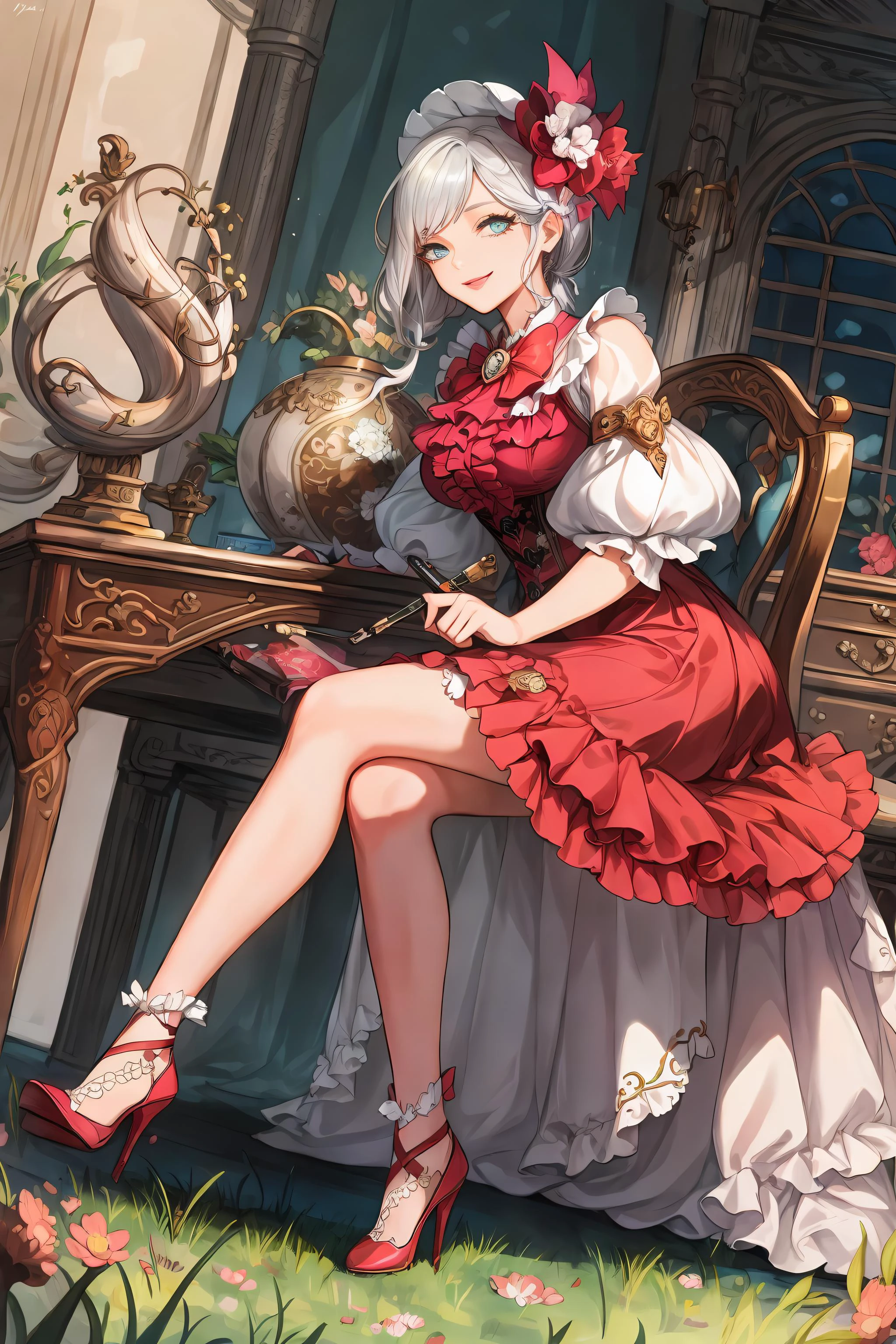 <lora:Skirt_TailV2:0.75>, (Masterpiece, Best Quality:1.2), absurdres, (Traditional Media:1.2), (2d:1.2), (centered:1.3), illustration, skirt_tail, highly detailed, (ultra-detailed), mid shot, (full body:1.3), (perfect female figure), skirt, dress, frills, sitting on a chair, high heels, (solo), beautiful, (detailed eyes, detailed face:1.2), lips, smilebeautiful, lips, shiny, dynamic pose, various colors, depth of field, scenery, (details:1.2), sharp focus, depth of field, center frills