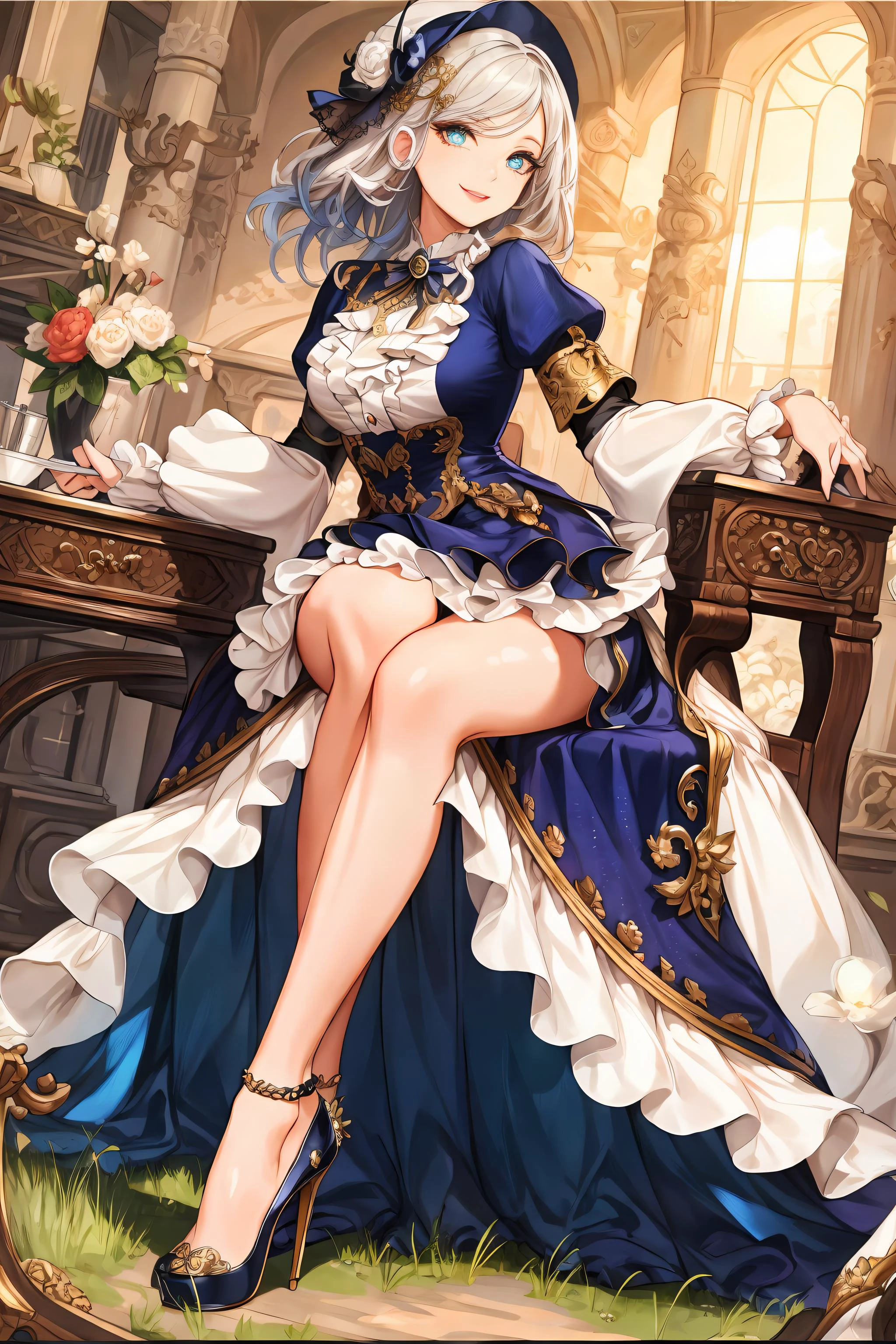 <lora:Skirt_TailV2:0.75>, (Masterpiece, Best Quality:1.2), absurdres, (Traditional Media:1.2), (2d:1.2), (centered:1.3), illustration, skirt_tail, highly detailed, (ultra-detailed), mid shot, (full body:1.3), (perfect female figure), skirt, dress, frills, sitting on a chair, high heels, (solo), beautiful, (detailed eyes, detailed face:1.2), lips, smilebeautiful, lips, shiny, dynamic pose, various colors, depth of field, scenery, (details:1.2), sharp focus, depth of field, center frills