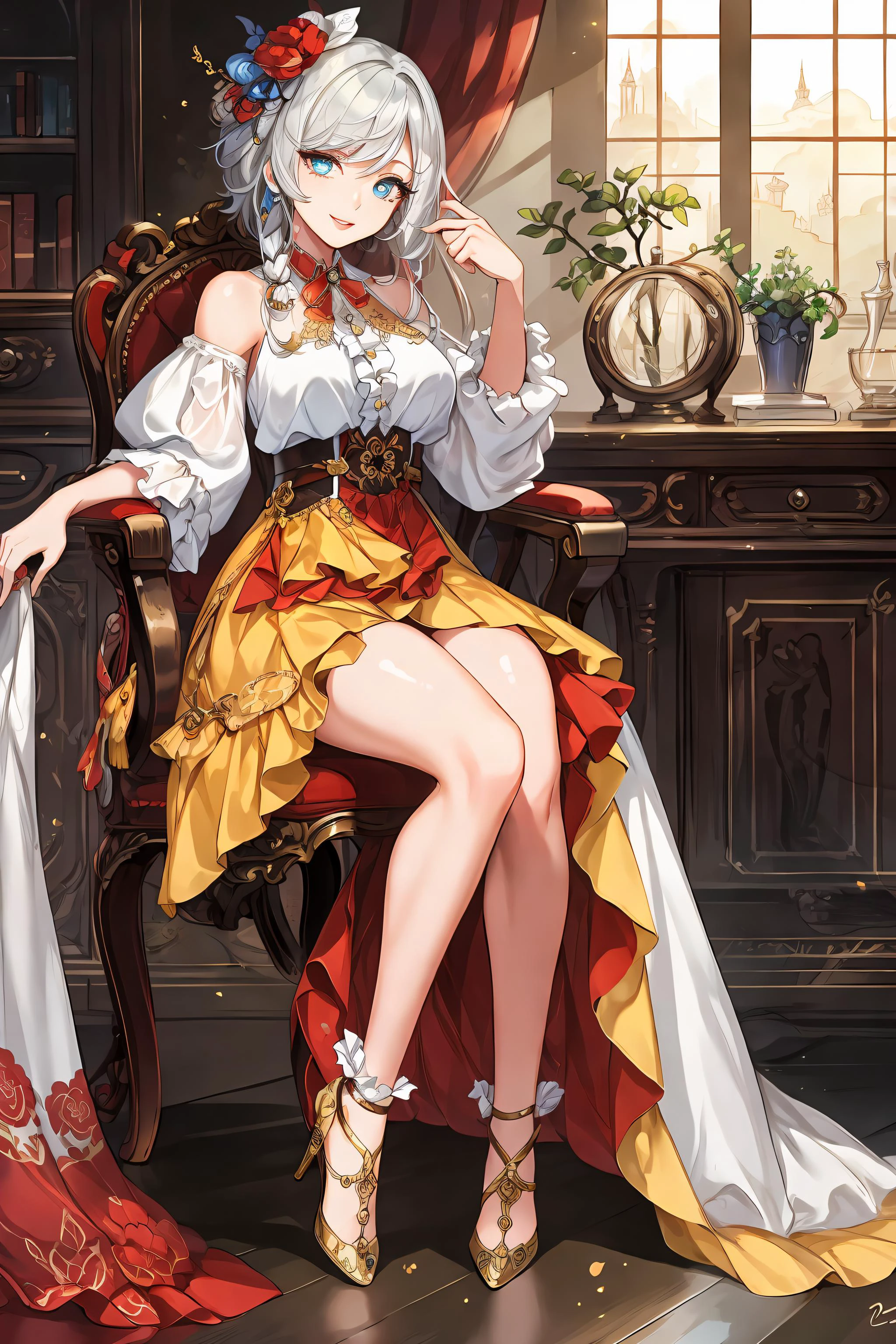 <lora:Skirt_TailV2:0.75>, (Masterpiece, Best Quality:1.2), absurdres, (Traditional Media:1.2), (2d:1.2), (centered:1.3), illustration, skirt_tail, highly detailed, (ultra-detailed), mid shot, (full body:1.3), (perfect female figure), skirt, dress, frills, sitting on a chair, high heels, (solo), beautiful, (detailed eyes, detailed face:1.2), lips, smilebeautiful, lips, shiny, dynamic pose, various colors, depth of field, scenery, (details:1.2), sharp focus, depth of field, center frills