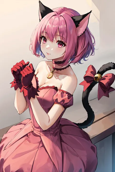 1girl, solo, mi1, tail ornament, tail bow, gloves, cat tail, red gloves, tail bell, choker, detached sleeves, pink dress, dynamic angle, <lora:momomiya_ichigo_v2:0.7>, masterpiece, best quality, highres,