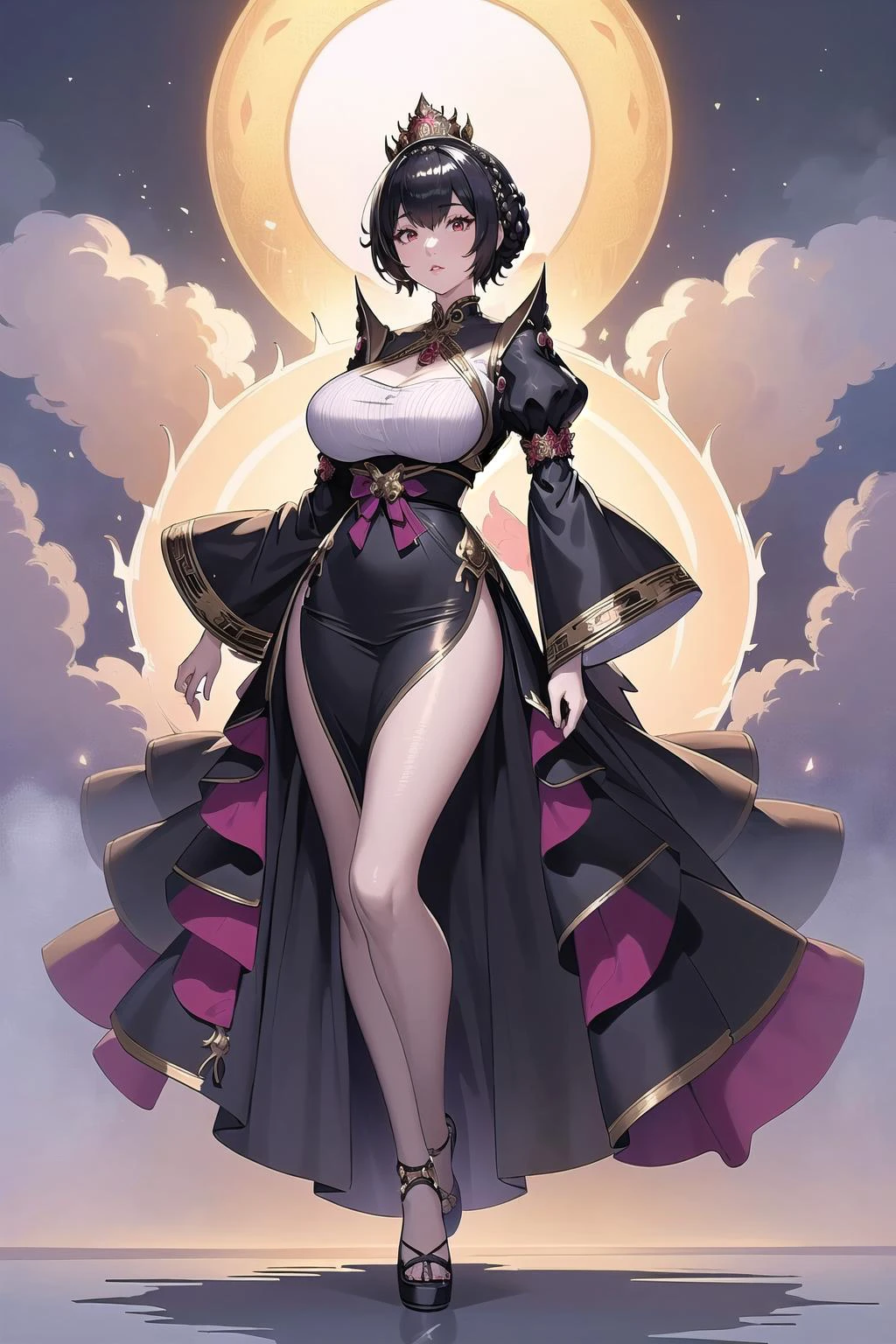 (masterpiece, best_quality, ultra-detailed, immaculate:1.3), epic, illustration, 1girl, (full body:1.5), female jrpg final boss, (makeup:1),(huge opulent crown:1), korean, (Eerie mist:1.3),Before a massive, roaring bonfire, at a festival, bombshell hair, vivid black hair, pixie cut,Crown Braid, leg lock<lora:EnvyBeautyMix17:1>