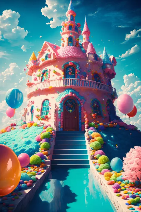 (Masterpiece, best quality:1.3), highly detailed, 8k, <lora:Candyland-10:0.85>, full background, candyland, ice cream, fantasy, rainbow, road, water, balloon, no humans, sharp focus, (depth of field), colorful, (scenery), tree, sky, ((shiny:1.2)), shadow, natural lighting, sparkle, [shimmer:0.2], cake, candy, dynamic view, fantastic, (details:1.2), extremely detailed background, atmosphere, bloom:0.4,  pastel colors, stairs, <lora:epiNoiseoffset_v2:0.15>, cinematic