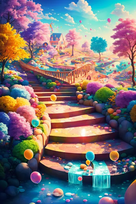 (Masterpiece, best quality:1.3), highly detailed, 8k, <lora:Candyland-10:0.85>, full background, candyland, ice cream, fantasy, rainbow, road, water, balloon, no humans, sharp focus, (depth of field), colorful, (scenery), tree, sky, ((shiny:1.2)), shadow, natural lighting, sparkle, [shimmer:0.2], cake, candy, dynamic view, fantastic, (details:1.2), extremely detailed background, atmosphere, bloom:0.4,  pastel colors, stairs, <lora:epiNoiseoffset_v2:0.15>, cinematic