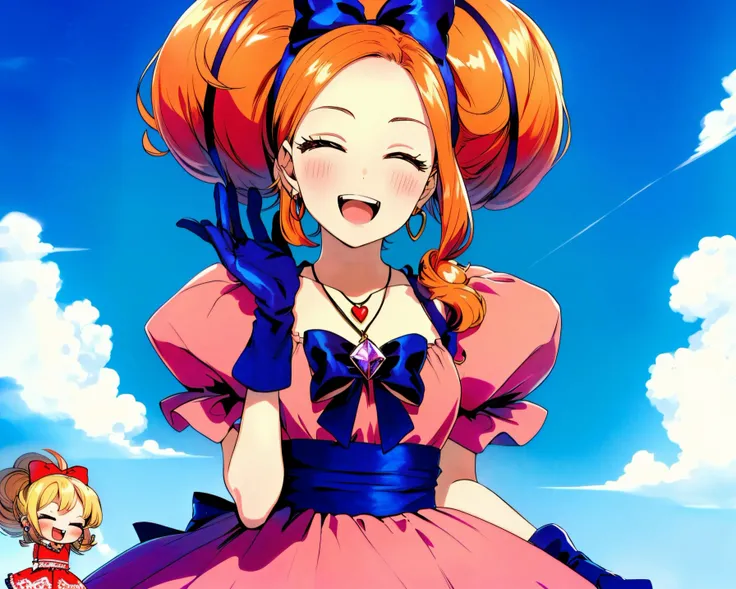 (Masterpiece, Best Quality:1.3), highres, 8k, highly detailed, 2d, (faux traditional media:1.3), manga, illustration, fantasy, thick lineart, outline, ((centered)), <lora:Sugar_Rune-20:0.8>, sugar_rune, :d, bangs, cowboy shot, sash, short hair, half updo, bow, doll dress, green eyes, heart (symbol), puffy sleeves, holding skirt, heart, pendant, frills, giggling, striped, ribbon, striped dress, lace trim, doughnut hair bun, purple eyes, open mouth, curly hair, earrings, shoulder-to-shoulder, 2girls, gloves, blonde hair, looking at viewer, half-closed eyes, star (symbol), wavy hair, large bow, fingernails, hairband, diamond, long hair, jewelry, wrist scrunchie, blush, bow hairband, upper body, orange hair, ((depth of field)), 85mm, hyperrealistic, film grain, colorful,