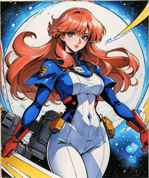 (Masterpiece, Best Quality), highres, (8k resolution), retro artstyle, 1980s \(style\), illustration, official art, (Traditional Media:1.2), ((2d)), Manga, (Ultra-detailed), 1girl, solo, beautiful, floating hair, perfect female figure, space, depth of field