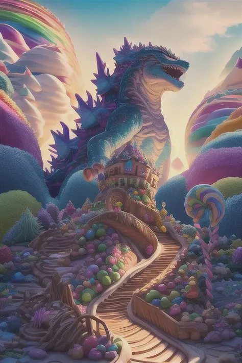 Godzilla made of candy destroying candyland, godzilla made of gumdrops, gummy candy and chocolate candy(Masterpiece, best quality:1.3), highly detailed, 8k, <lora:Candyland-10:0.85>, full background, candyland, ice cream, fantasy, rainbow, road, water, balloon, no humans, sharp focus, (depth of field), colorful, (scenery), tree, sky, ((shiny:1.2)), shadow, natural lighting, sparkle, [shimmer:0.2], cake, candy, dynamic view, fantastic, (details:1.2), extremely detailed background, atmosphere, bloom:0.4,  pastel colors, stairs, <lora:epiNoiseoffset_v2:0.15>, cinematic