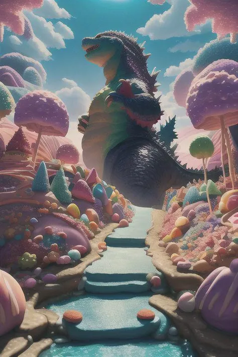 Godzilla made of candy destroying candyland, godzilla made of gumdrops, gummy candy and chocolate candy(Masterpiece, best quality:1.3), highly detailed, 8k, <lora:Candyland-10:0.85>, full background, candyland, ice cream, fantasy, rainbow, road, water, balloon, no humans, sharp focus, (depth of field), colorful, (scenery), tree, sky, ((shiny:1.2)), shadow, natural lighting, sparkle, [shimmer:0.2], cake, candy, dynamic view, fantastic, (details:1.2), extremely detailed background, atmosphere, bloom:0.4,  pastel colors, stairs, <lora:epiNoiseoffset_v2:0.15>, cinematic
