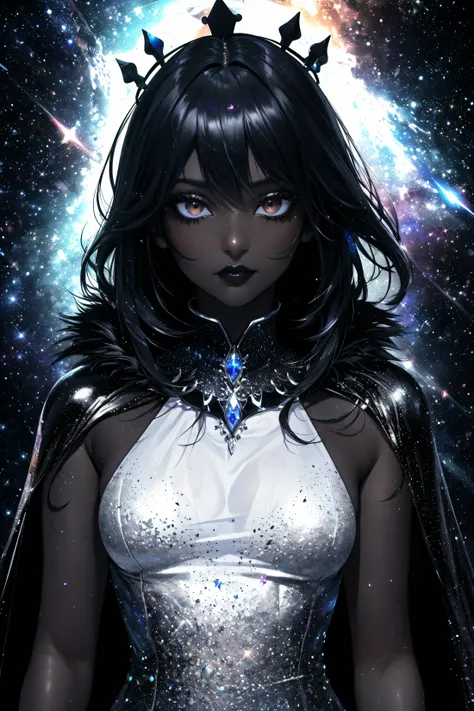 (Masterpiece, Best Quality), absurdres, (faux traditional Media:1.2), (8k resolution), (centered), illustration, (limited palette:0.6), (pastel colors), (Manga:1.2), (8k resolution), (ultra-detailed portrait), cinematic scene, centered, <lyco:MADGOD_STYLE16:0.45>, nightmare world, 1girl, solo, looking at viewer, (straight-on), (transparent sparkly galaxy cape:1.3), naughty face, (dark skin:1.3), black lipstick, [eyeliner], (dark makeup), dynamic pose, hair ornament,  (gradients), (upper body, cowboy shot:1.2), black hair, sidelocks, HOMELEX gothic black natural feather cape shawl, star (symbol), villain, (nightmare queen), regal, [elegant], (black dress), (high collar:1.1), [victorian:0.3], (gothic:1.2),  black gown, fur trim, mini crown, dark, v(illain pose), black eyes, sharp focus, (onyx, starry sky print,  (depth of field), (studio lighting:1.1), (((dark theme))), abyss, (close-up:0.9), motion blur