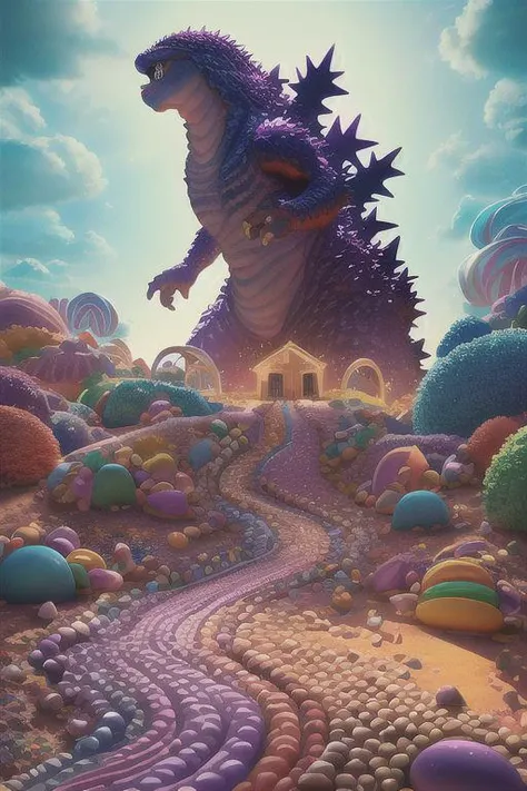 Godzilla made of candy destroying candyland, godzilla made of gumdrops, gummy candy and chocolate candy(Masterpiece, best quality:1.3), highly detailed, 8k, <lora:Candyland-10:0.85>, full background, candyland, ice cream, fantasy, rainbow, road, water, balloon, no humans, sharp focus, (depth of field), colorful, (scenery), tree, sky, ((shiny:1.2)), shadow, natural lighting, sparkle, [shimmer:0.2], cake, candy, dynamic view, fantastic, (details:1.2), extremely detailed background, atmosphere, bloom:0.4,  pastel colors, stairs, <lora:epiNoiseoffset_v2:0.15>, cinematic