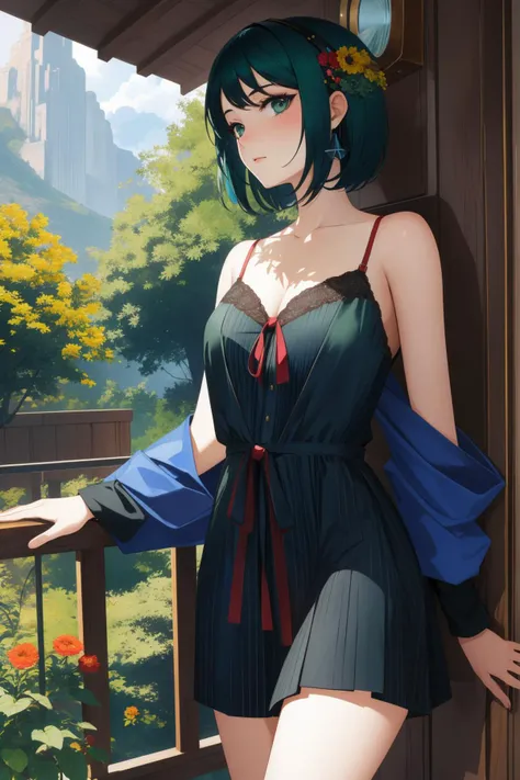 1girl, (stylized by Mark Gertler:1.1) , portrait art, mundane Concept art, elegant, medium shot of a Hypnotic Matte ("The End of Life":1.3) , Inca blossoms and vegetation, at Dawn, tilt shift, Cel shaded, Wonder, Bauhaus Art, Side lighting, macro lens, High Contrast, dark green sky, behance HD, HDR, most beautiful artwork in the world