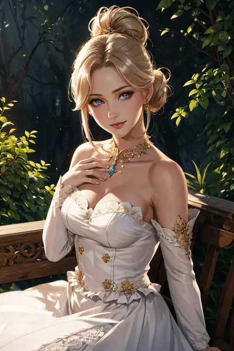 (8k, RAW photo, highest quality), (ultra-realistic RAW portrait photograph of Cara:1), photorealistic, (perfect lighting and composition:1), (high detail, 8K resolution:1), hdr, (shot on a Hasselblad camera:1), <lyco:MADGOD_STYLE16:0.2>, princess, (dress:1.2), frills, a woman sitting on a bench in a garden, professional photograph, studio lighting, (minimal post-processing:0.2), (dynamic angle:1.2), (dynamic pose:1.2), pinup:0.3, Analog, ((Award Winning Photograph)), (hyper-realistic) (skin texture:1.2), upper body, delicate features, beautiful, elegant, regal, blonde hair, (detailed eyes, deep eyes:1.3), (hazel eyes:1.1), reflective eyes, lips, breasts, (perfect female figure:1.3), expressive, stylish, frill trim, (half updo,:1.4) long sleeves, medium breasts, (detailed shiny skin:1.3), lovely smile, low key, (highest quality), (best shadow), ,(bloom:0.7), (depth of field:1.1), (cinematic), (sharp focus:1.2), small details, fantasy, epic, (atmosphere), colorful, deep and vibrant colors, fantasy, wide shot, (gradients), <lora:Cara-01:0.5>