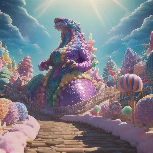Godzilla made of candy destroying candyland(Masterpiece, best quality:1.3), highly detailed, 8k, <lora:Candyland-10:0.85>, full background, candyland, ice cream, fantasy, rainbow, road, water, balloon, no humans, sharp focus, (depth of field), colorful, (scenery), tree, sky, ((shiny:1.2)), shadow, natural lighting, sparkle, [shimmer:0.2], cake, candy, dynamic view, fantastic, (details:1.2), extremely detailed background, atmosphere, bloom:0.4,  pastel colors, stairs, <lora:epiNoiseoffset_v2:0.15>, cinematic