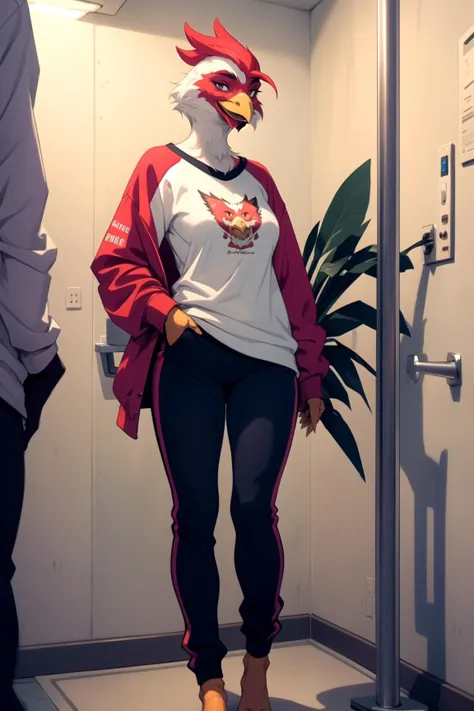 anthro hen, female, full body, wings, portrait, (beak), loungewear, hospital, Extreme long shot, pants, shirt,