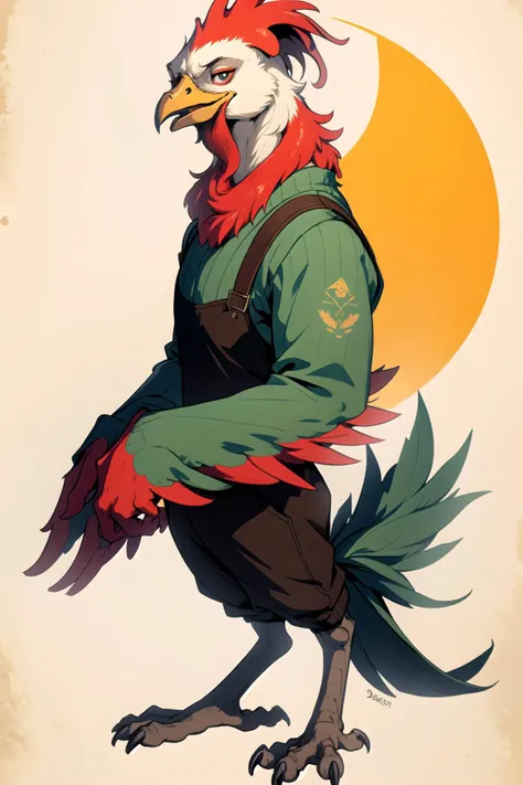 anthro rooster, ((winged-arms)), male, full body, portrait, beak, crewneck, library, Medium close-up,
