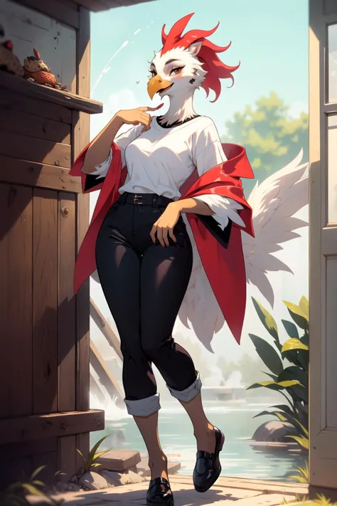 anthro hen, female, full body, wings, portrait, (beak), haute couture, geyser, tilt-shift shot, pants, shirt,