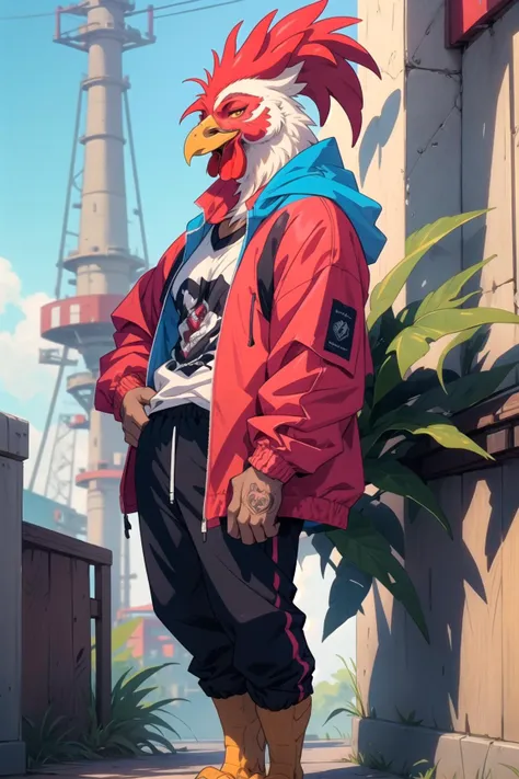 anthro rooster, male, full body, wings, portrait, (beak), windbreaker, powerplant, macro shot, pants, shirt,