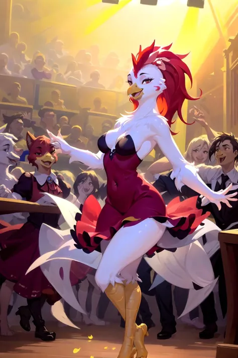 anthro hen, beak, female, detailed, masterpiece, realistic, sunlight, dappled sunlight, 1girl, flowing red dress, dancing, inside a ballroom, people dancing in background, depth of field, medium breasts, masterpiece,