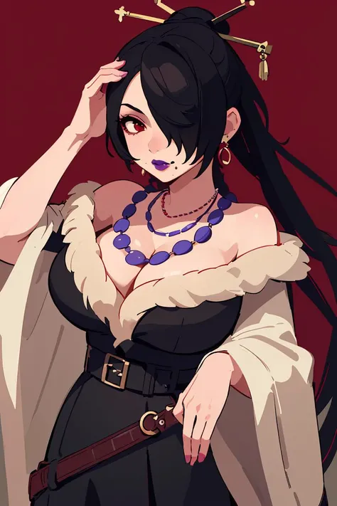 (masterpiece, best quality), 1girl, <lora:fflulu-lora-nochekaiser:1> lulu, black hair, braid, hair ornament, hair over one eye, lipstick, long hair, makeup, mole, mole under mouth, (red eyes:1.5), belt, belt skirt, black belt, cleavage, dress, earrings, gothic, jewelry, lipstick, multiple belts, necklace, strapless, strapless dress, too many belts,