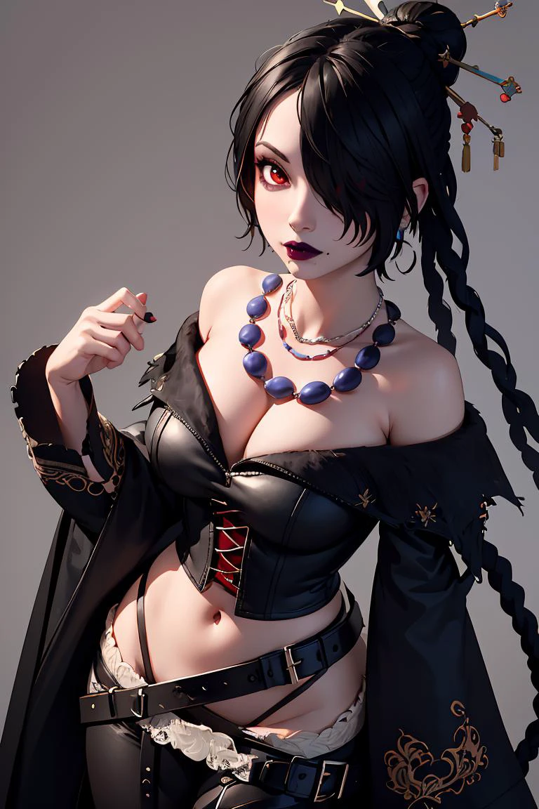 (masterpiece, best quality), 1girl, <lora:fflulu-lora-nochekaiser:1> lulu, black hair, braid, hair ornament, hair over one eye, lipstick, long hair, makeup, mole, mole under mouth, (red eyes:1.5), belt, belt skirt, black belt, cleavage, dress, earrings, gothic, jewelry, lipstick, multiple belts, necklace, strapless, strapless dress, too many belts,