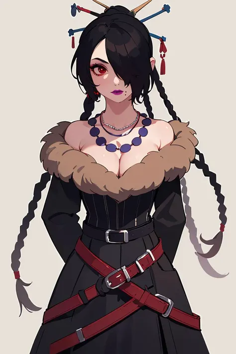 (masterpiece, best quality), 1girl,  <lora:fflulu-lora-nochekaiser:1> lulu, black hair, braid, hair ornament, hair over one eye, lipstick, long hair, makeup, mole, mole under mouth, (red eyes:1.5), belt, belt skirt, black belt, cleavage, dress, earrings, gothic, jewelry, lipstick, multiple belts, necklace, strapless, strapless dress, too many belts,