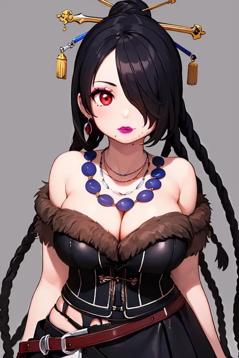 (masterpiece, best quality), 1girl, <lora:fflulu-lora-nochekaiser:1> lulu, black hair, braid, hair ornament, hair over one eye, lipstick, long hair, makeup, mole, mole under mouth, (red eyes:1.5), belt, belt skirt, black belt, cleavage, dress, earrings, gothic, jewelry, lipstick, multiple belts, necklace, strapless, strapless dress, too many belts,
