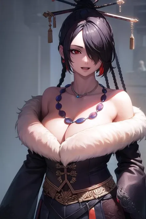 fflulu, <lora:fflulu-lora-nochekaiser:1>,
lulu, black hair, braid, hair ornament, (hair over one eye:1.5), lipstick, long hair, makeup, mole, mole under mouth, (red eyes:1.5), <lora:sensualface_type1:1>, smile, open mouth,
BREAK belt, belt skirt, black belt, cleavage, dress, earrings, gothic, jewelry, lipstick, multiple belts, necklace, strapless, strapless dress, too many belts,
BREAK indoors,
BREAK looking at viewer, (cowboy shot:1.5),
BREAK <lyco:GoodHands-beta2:1>, (masterpiece:1.2), best quality, high resolution, unity 8k wallpaper, (illustration:0.8), (beautiful detailed eyes:1.6), extremely detailed face, perfect lighting, extremely detailed CG, (perfect hands, perfect anatomy),