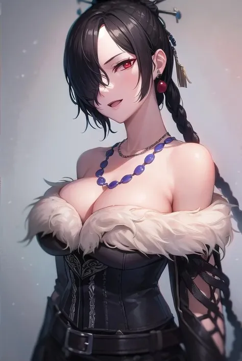 fflulu, <lora:fflulu-lora-nochekaiser:1>,
lulu, black hair, braid, hair ornament, (hair over one eye:1.5), lipstick, long hair, makeup, mole, mole under mouth, (red eyes:1.5), <lora:sensualface_type1:1>, smile, open mouth,
BREAK belt, belt skirt, black belt, cleavage, dress, earrings, gothic, jewelry, lipstick, multiple belts, necklace, strapless, strapless dress, too many belts,
BREAK indoors,
BREAK looking at viewer, (cowboy shot:1.5),
BREAK <lyco:GoodHands-beta2:1>, (masterpiece:1.2), best quality, high resolution, unity 8k wallpaper, (illustration:0.8), (beautiful detailed eyes:1.6), extremely detailed face, perfect lighting, extremely detailed CG, (perfect hands, perfect anatomy),