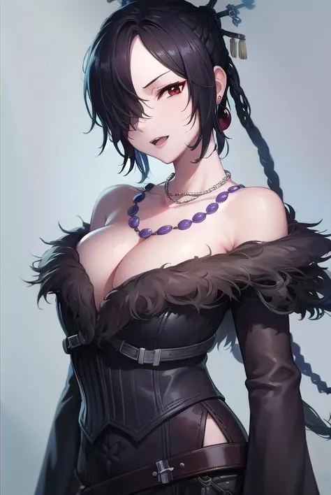 fflulu, <lora:fflulu-lora-nochekaiser:1>,
lulu, black hair, braid, hair ornament, (hair over one eye:1.5), lipstick, long hair, makeup, mole, mole under mouth, (red eyes:1.5), <lora:sensualface_type1:1>, smile, open mouth,
BREAK belt, belt skirt, black belt, cleavage, dress, earrings, gothic, jewelry, lipstick, multiple belts, necklace, strapless, strapless dress, too many belts,
BREAK indoors,
BREAK looking at viewer, (cowboy shot:1.5),
BREAK <lyco:GoodHands-beta2:1>, (masterpiece:1.2), best quality, high resolution, unity 8k wallpaper, (illustration:0.8), (beautiful detailed eyes:1.6), extremely detailed face, perfect lighting, extremely detailed CG, (perfect hands, perfect anatomy),