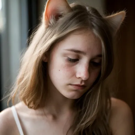 A photo of young pretty 18 years old girl, half cat face, cinematic, sharp focus, intricate, dramatic light, (abstract narrative:1.1), Canon EOS 5D Mark IV, high emotional impact, experimental photography