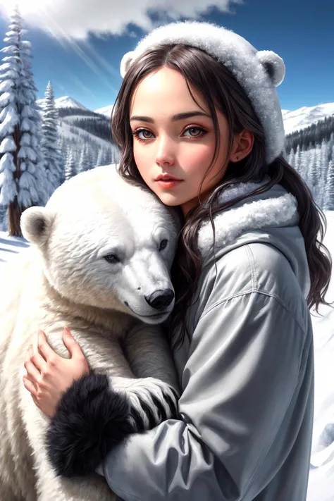 (fantasy style, portrait of shy petite woman, close up, extremely beautiful, long wavy hairstyle, pretty grey eyes, wearing black winter coat), cold atmosphere, winter themed, (hugging polar bear cub), snow, Style-Winter, pine trees, dark storm clouds, fluffy clouds in the background, unreal engine, (masterpiece, Intricate, epic detailes, Sharp focus, dramatic, surreal oil painting),  <lora:more_details:0.4>