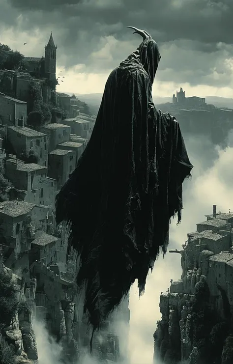 masterpiece,best quality,<lora:tbh155-sdxl:1>,illustration,style of Guido Argentini, Nazgul over sleeping town