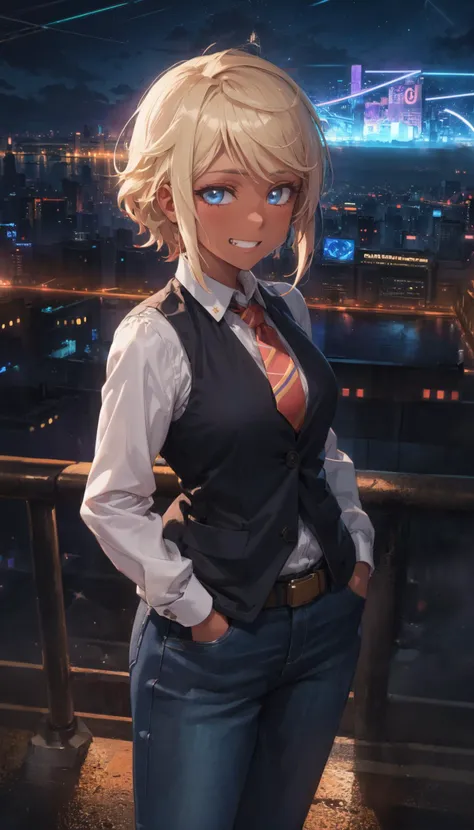 cinematic lighting, <lyco:lighting_loha:0.2>, cowboy shot, masterpiece, blush, best quality, eyelashes, cute, anime eyes,
BREAK alina_novikov, 1girl, solo, long sleeves, pants, collared, shirt, necktie, muscular, vest, belt, sneakers, denim, hand in pocket, grin, blue eyes, dark-skinned female,
outdoors, futuristic, city, neon lights, night, starry sky,