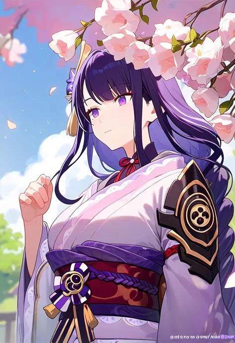 score_9,score_8_up,score_7_up, long_hair, bangs, purple_hair, hair_ornament, japanese_clothes, kimono, purple_eyes, flower, sash, braid, obi, purple_kimono, closed_mouth, raiden_shogun