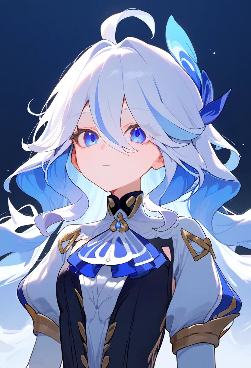 score_9,score_8_up,score_7_up, 1girl, focalors_(genshin_impact), highres, blue_eyes, ahoge, spoilers, juliet_sleeves, hair_between_eyes, white_hair, absurdres, long_hair, streaked_hair, closed_mouth